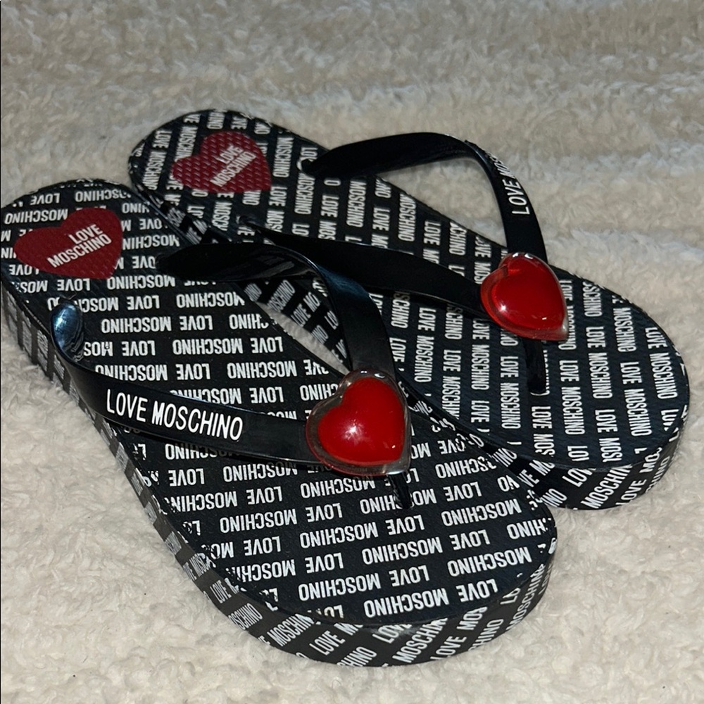 Love Moschino Black and Red Heart Flip Flops